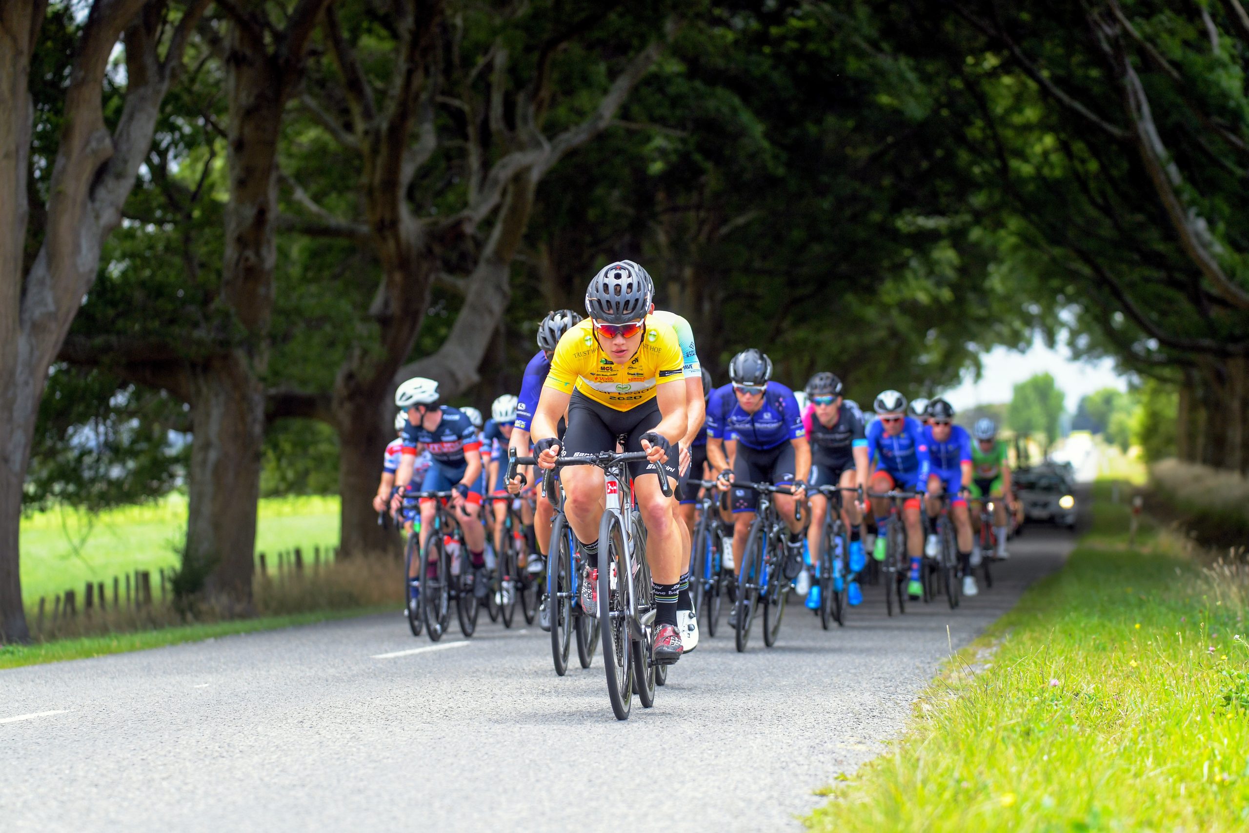 Jensen Plowright (Australia/Team BridgeLane) leads the peloton during stage four of the NZ Cycle Classic UCI Oceania Tour (Te Wharau-Admiral Hill Queen Stage) in Wairarapa, New Zealand on Saturday, 18 January 2020. Photo: Dave Lintott / lintottphoto.co.nz