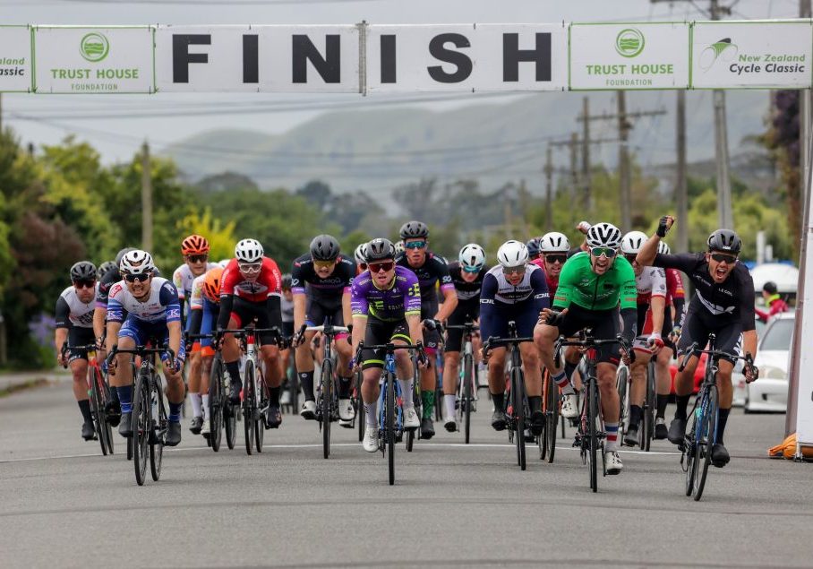 Kiaan Watts (NZ National team, right) wins stage two. Gladstone-Martinborough circuit - Stage Two of 2023 NZ Cycle Classic UCI Oceania Tour in Wairarapa, New Zealand on Thursday, 12 January 2023. Photo: Dave Lintott / lintottphoto.co.nz