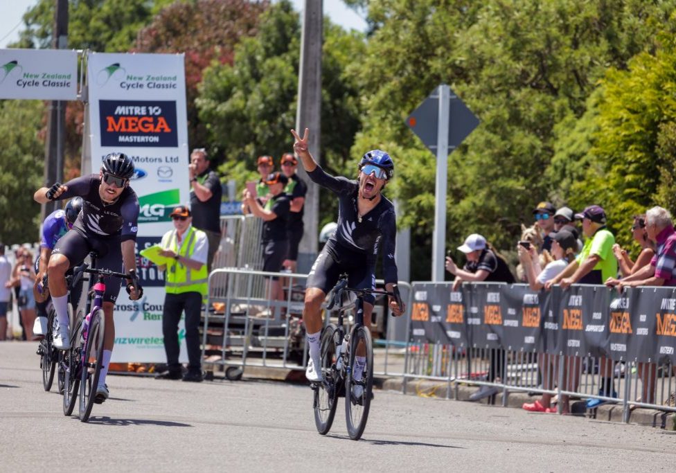 Kiaan Watts (NZ) celebrates winning stage two. Masterton-Martinborough circuit - Stage Two of 2024 NZ Cycle Classic UCI Oceania Tour in Masterton, New Zealand on Thursday, 11 January 2024. Photo: Dave Lintott / lintottphoto.co.nz