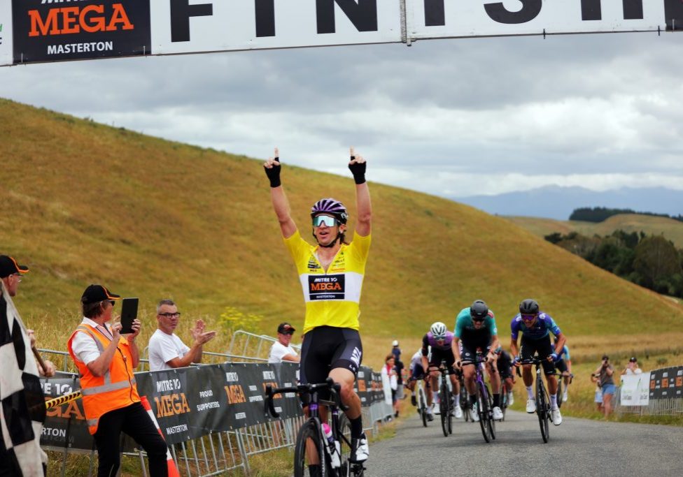 NZ's Aaron Gate celebrates victory. Te Wharau-Admiral Hill circuit - Stage Two of 2024 NZ Cycle Classic UCI Oceania Tour in Masterton, New Zealand on Friday, 12 January 2024. Photo: Dave Lintott / lintottphoto.co.nz