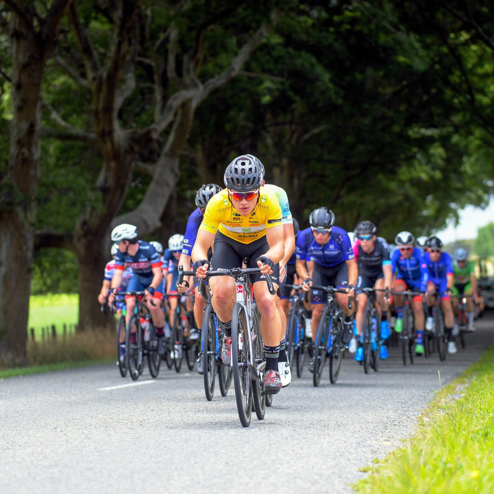 Jensen Plowright (Australia/Team BridgeLane) leads the peloton during stage four of the NZ Cycle Classic UCI Oceania Tour (Te Wharau-Admiral Hill Queen Stage) in Wairarapa, New Zealand on Saturday, 18 January 2020. Photo: Dave Lintott / lintottphoto.co.nz
